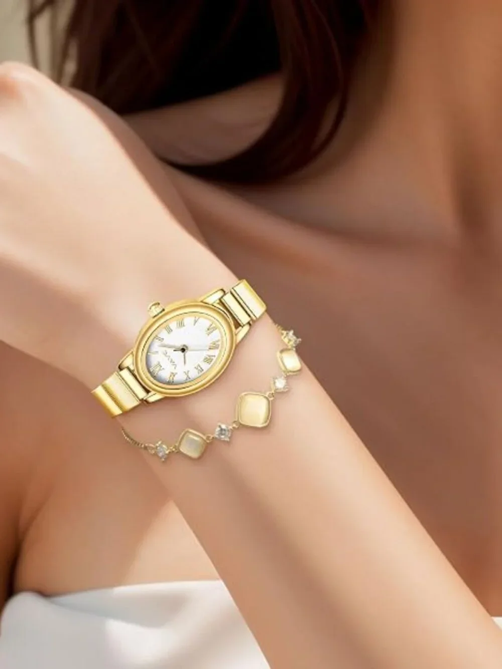 Women’s Gold Oval Watch Roman Dial Stainless Steel Expansion Band